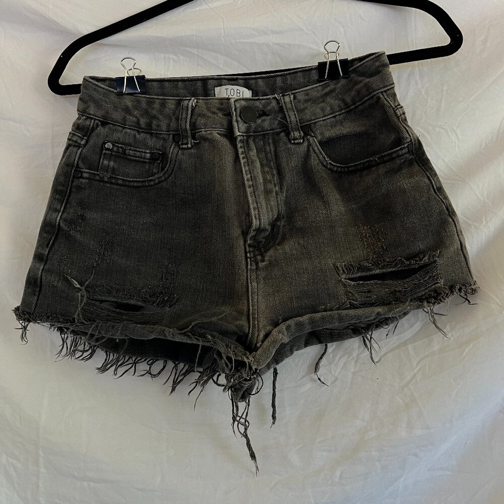 Tobi Distressed Black Denim Cheeky Shorts, Size 26